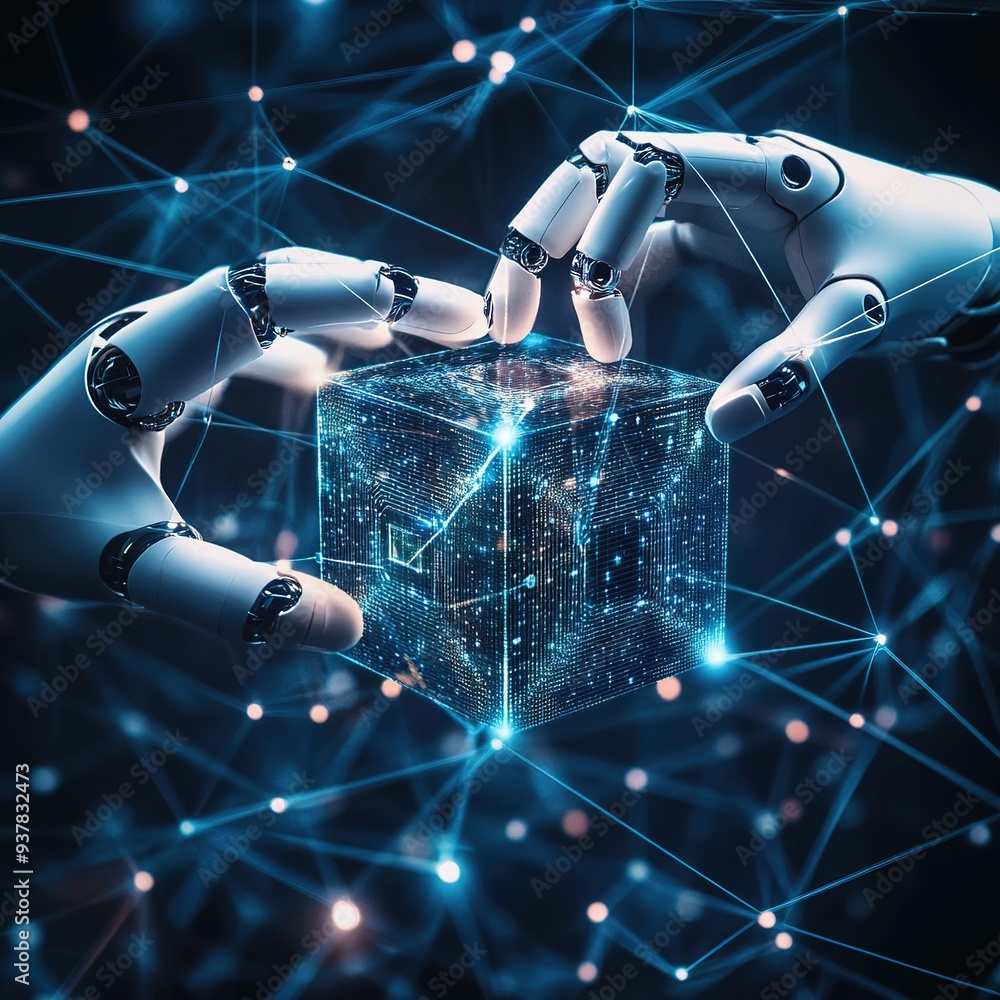 Poster ai technology, machine learning, chatbot, hands of robot and human data exchange on abstract cube ne