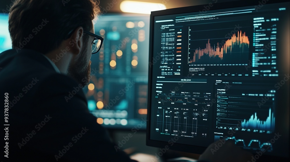 Poster analyst using a computer dashboard for business analysis and data management, focusing on technology
