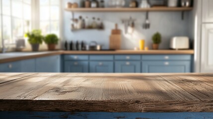 Empty wooden table top with blurred kitchen interior background, copy space