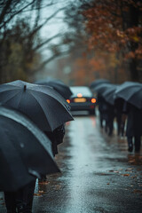 A somber funeral procession on a rainy day, with mourners carrying black umbrellas as they follow the hearse down a wet road.

