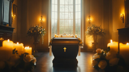 A serene funeral service setup featuring a casket adorned with a cross, surrounded by glowing candles and floral arrangements in a beautifully lit room.

