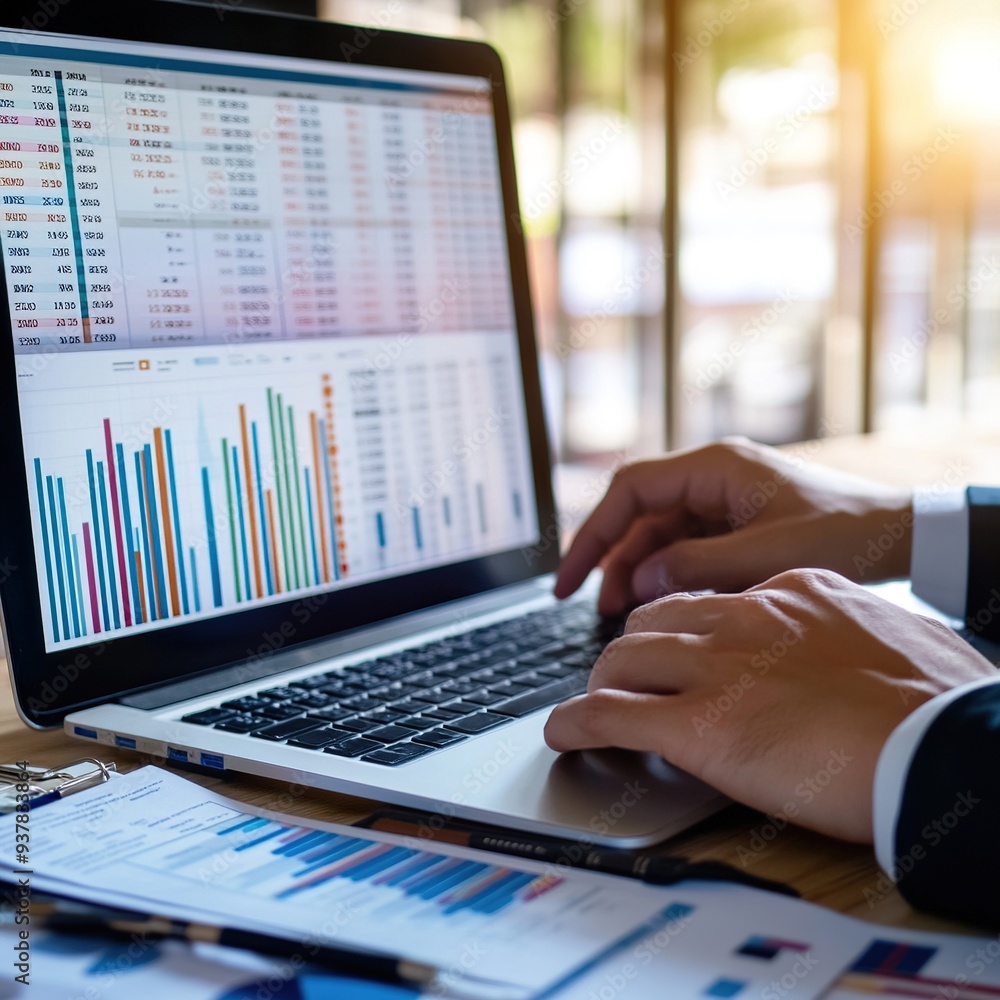 Poster auditor or accountant audit financial data and accounting record documents online on the computer to