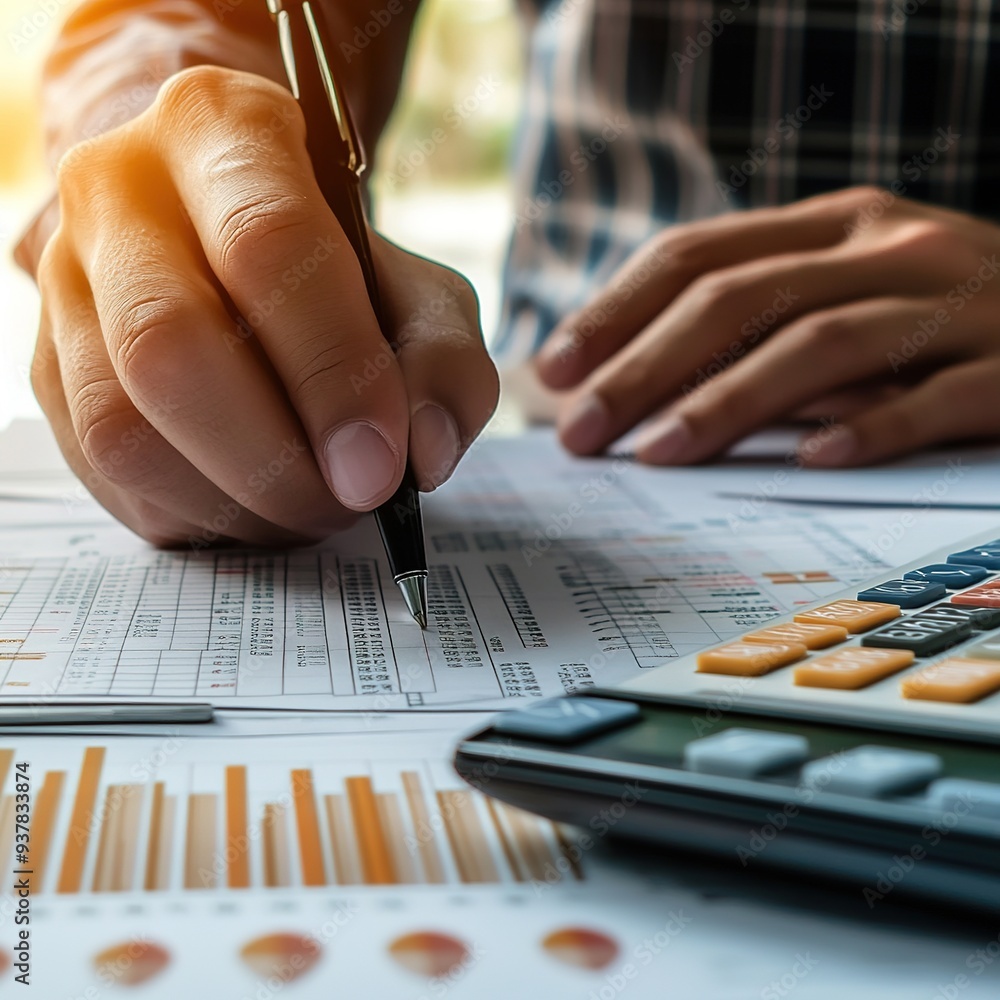 Poster auditor or accountant audit financial data and accounting record documents online on the computer to