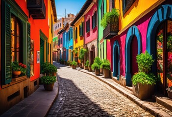 Fototapeta premium vibrant street showcase featuring bright landscapes intricate architectural details colorful urban environment, architecture, cityscape, design, public