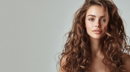 Naklejka premium Beautiful Woman with Long Curly Hair - Portrait of a beautiful woman with long, voluminous curly hair, exuding natural beauty and confidence in a minimalist setting.