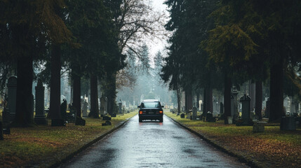 A hearse slowly drives through a misty, tree-lined cemetery at dusk, with red taillights reflecting on the wet road, creating a somber and eerie atmosphere. 