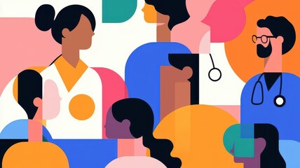 Colorful abstract representation of diverse people in conversation, emphasizing community, healthcare, and connection.