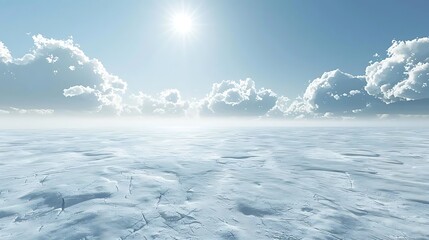 Obraz premium A serene icy landscape with a bright sun and fluffy clouds, evoking tranquility and vastness.