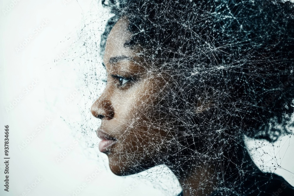 Poster a side profile of a woman with her brain dissolving into digital particles symbolizing the complexit