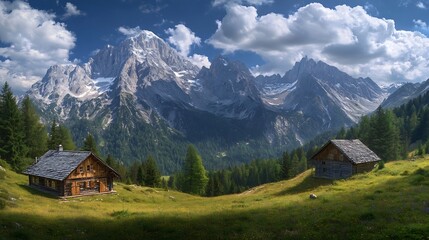 mountain landscape hut nature sky alps mountain hut house forest summer mountain range milk wagon karwendel panorama blue grass meadow bavaria alpine view mountain landscape summit : Generative AI