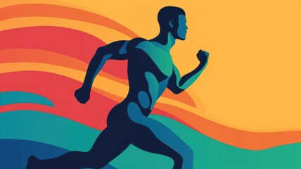Naklejka premium Dynamic silhouette of a runner in motion, embodying energy and athleticism against a vibrant abstract background.
