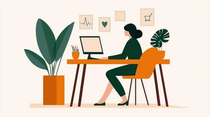 A woman works at a stylish desk with plants and inspirational art, showcasing a modern workspace ambiance.