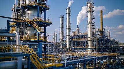 Fototapeta premium Petrochemical plant industrial area equipment building landscape : Generative AI
