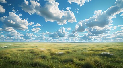 Obraz premium A serene landscape featuring a vast field under a bright blue sky filled with fluffy clouds.
