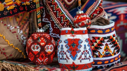 red and white beads in the shape of Christmas ornaments