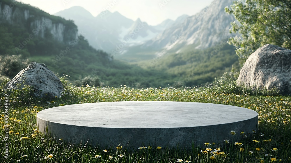 Poster Abstract 3d render platform and mockup natural background Stone podium on the grass field backdrop meadow mountain for product stand display advertising or etc : Generative AI