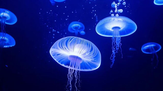 a group of fluorescent jellyfish swimming