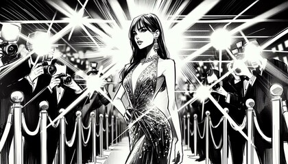 A monochrome illustration captures the glamour of a red carpet event, featuring a person in an elegant dress walking down the carpet, flanked by photographers with flashing cameras. © Semiase