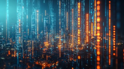 Image of financial data processing over cityscape Global business finances computing and data processing concept digitally generated image : Generative AI