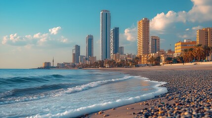 View of Jeddah skyscrapers from the public beach : Generative AI