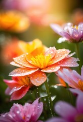 Naklejka premium vibrant floral details illuminated soft natural light creating lively bright atmosphere garden scene, flower, petal, blossom, bloom, sunlight, color