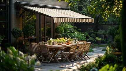 A stylish outdoor dining space featuring a large table comfortable chairs and a retractable striped awning providing a perfect setting for alfresco meals in a lush garden : Generative AI