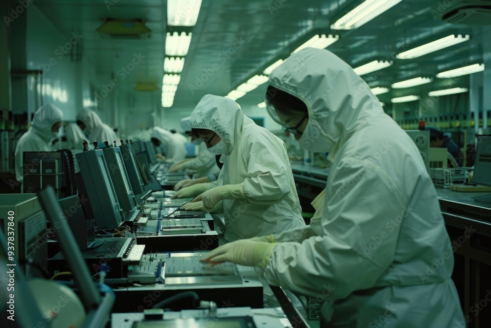Aufkleber Workers in a modern factory environment using computers for their tasks, possibly in a manufacturing or production setting
