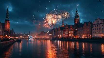 Obraz premium New Year fireworks display over the main town of Gdansk Poland : Generative AI
