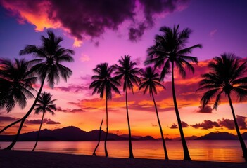 vibrant tropical palm silhouettes framed stunning sunset colors breathtaking natural landscape, nature, sky, orange, yellow, pink, clouds, evening, scenery