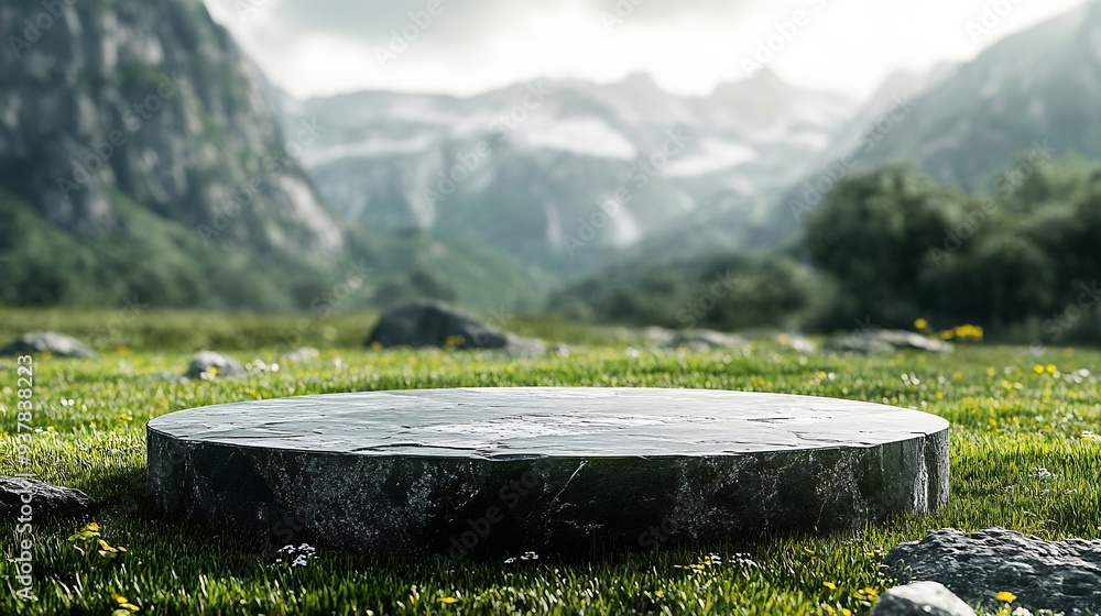 Poster abstract 3d render platform and mockup natural background stone podium on the grass field backdrop m