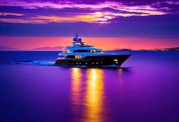 vibrant seascape luxury yacht gliding through twilight waters surrounded rich colors dreamy horizon, beach, coastline, cruise, clouds, evening, exploration
