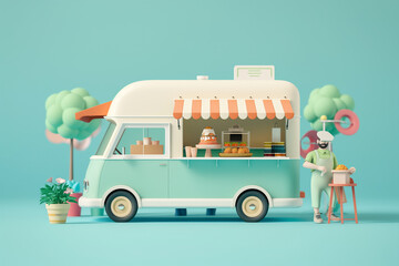 3D cartoon of food truck and owner. Automobile cafe or restaurant, takeaway food and drinks. copy space