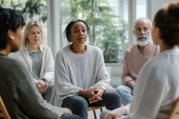 Support group meeting with diverse individuals sitting in a circle, sharing and listening in a bright, peaceful setting