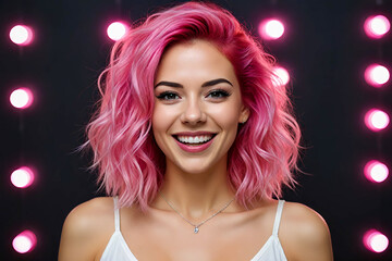 Portrait of a pretty young woman with pink hair. Light bokeh in the background.