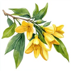 Obraz premium Ylangylang with artistic border, brushstroke effect, isolated on white background, watercolor on white background, no blur, photo not dark, everything is clear, copy space
