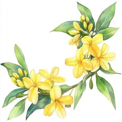 Obraz premium Ylangylang with fluid border, watercolor wash, isolated on white background, watercolor on white background, no blur, photo not dark, everything is clear, copy space