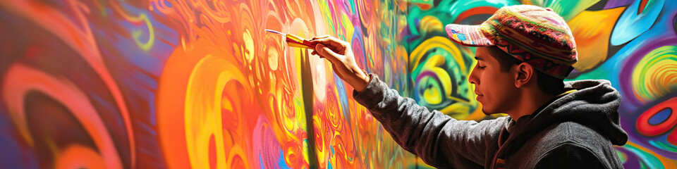 Fototapeta premium Hispanic male artist painting a colorful mural on a city wall.