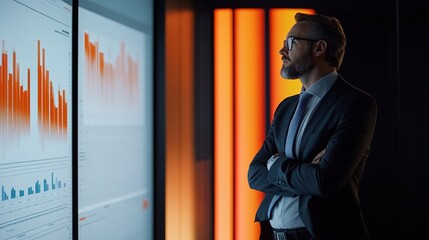 Business leader presenting financial data to a team in a modern conference room, professional and clear