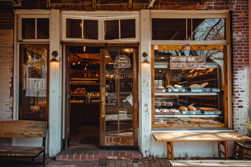 Fototapeta premium Artisanal bakery storefront with tinted brick facade and rustic wooden signage.