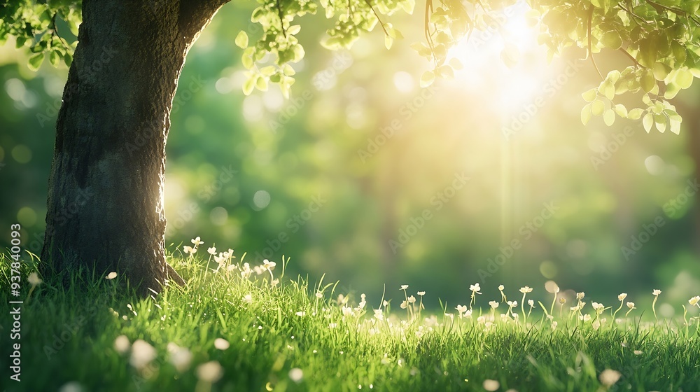 Aufkleber Blur background of sunlight shining though the tree with grass field Soft light nature photography Peaceful nature and solitude concept Design for relaxation and meditation spaces Clea : Generative AI