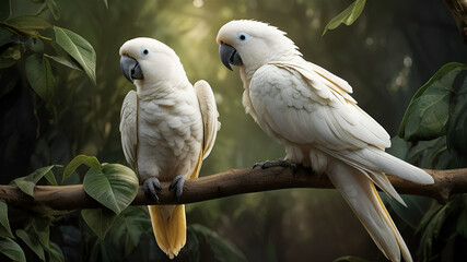 Obraz premium Two white cockatoo parrots sitting on a branch in a tropical rainforest