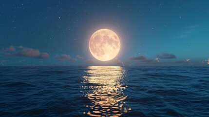 Full moon over the sea at night, 3d render.