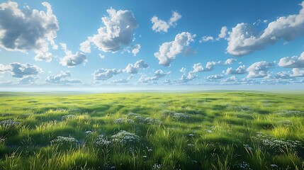 Obraz premium A serene landscape featuring lush green grass under a bright blue sky with fluffy clouds.