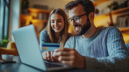 Boyfriend husband and girlfriend wife buy online on laptop with credit card at home : Generative AI