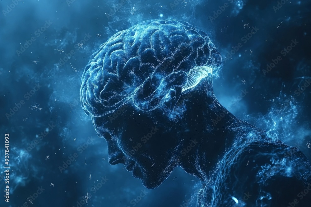 Poster a man with a digital brain in a deep blue cosmic scene representing the fusion of human consciousnes
