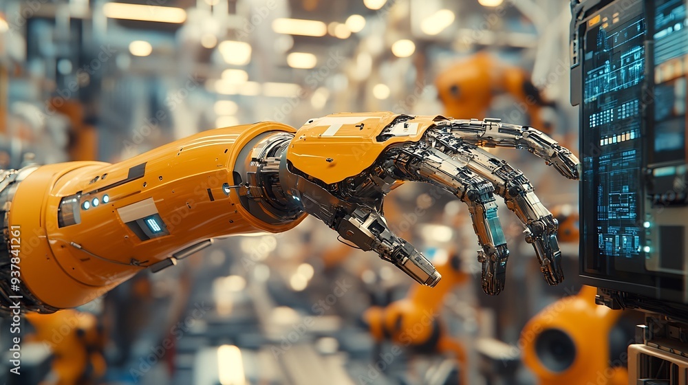 Leinwandbilder MLB Mechanized industry robot arm and factory worker double exposure Concept of robotics technology for industrial revolution and automated manufacturing process : Generative AI