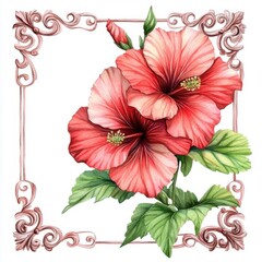 Obraz premium Hibiscus with decorative border, fine art style, isolated on white background, watercolor on white background, no blur, photo not dark, everything is clear, copy space