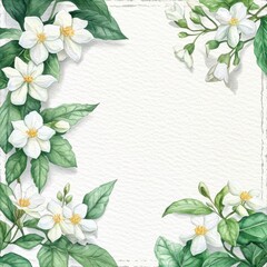 Fototapeta premium Jasmine with textured border, watercolor texture, isolated on white background, watercolor on white background, no blur, photo not dark, everything is clear, copy space