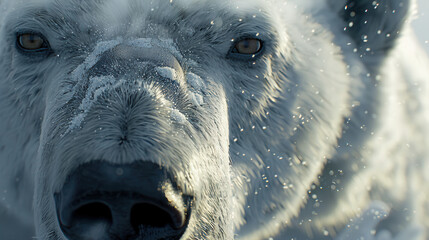 A close-up of a polar bear's face, with its nose and eyes prominently in focus, surrounded by a misty breath cloud in the frigid air