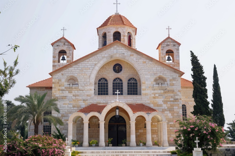 Poster a church with a clock tower on the front